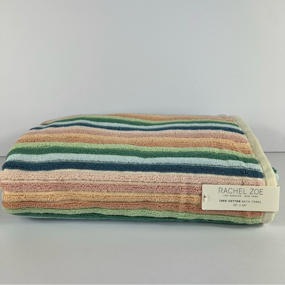 Rachel Zoe Striped Bath Towel Rainbow Pink Blue Green 100% Cotton 1 Pc NEW - Picture 1 of 8
